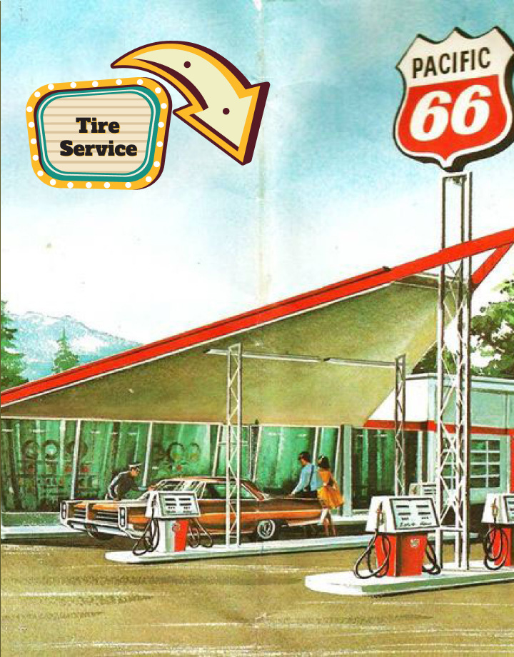 old fashioned Phillip's 66 tire repair service illustration